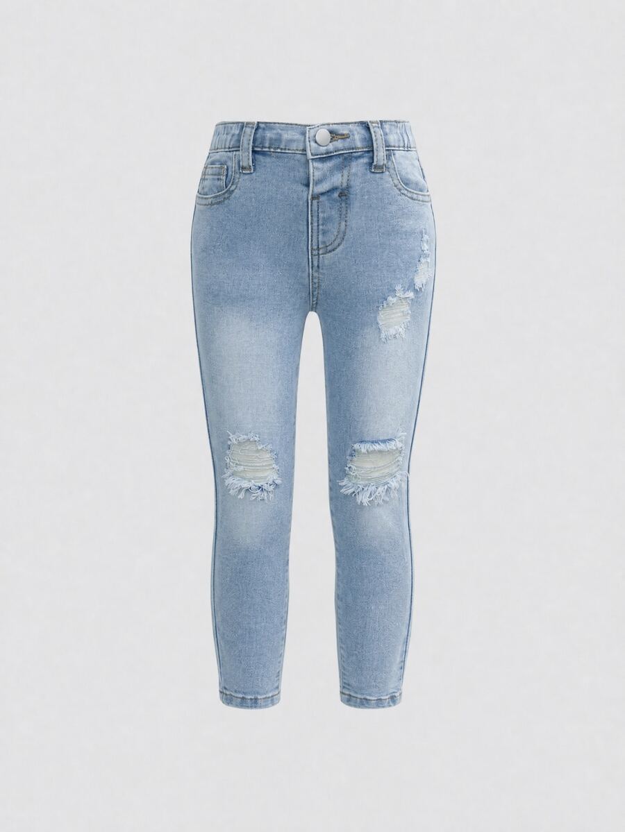 SHEIN Young Girl Casual Washed Distressed Slim Fit Jeans - Light Wash - View 1