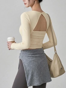 DAZY Women's Solid Color Back Cutout Long Sleeve Sports T-Shirt Fall - Beige - View 7
