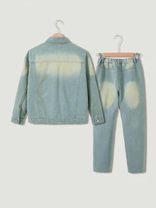 SHEIN 青少年男孩 2 件套牛仔套裝，復古街頭風酷時尚休閒學院風，復古水洗做舊色，上衣為翻領長袖夾克，配雙胸袋與金屬鈕扣，下身為直筒破洞牛仔褲，適合春秋穿著，可搭配 T 恤或襯衫，適合日常街頭與校園穿搭 - 黃色 - 查看 2