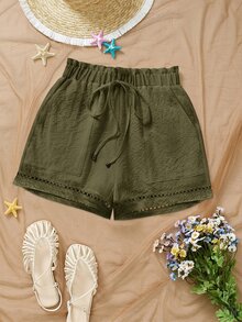 EMERY ROSE Shorts casuales versátiles de uso diario para mujer talla grande, color liso, con cintura con cordón - Verde militar - Ver 6
