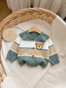 SHEIN Newborn Baby 3D Bear Pattern Colorblock Casual Daily Autumn Cardigan - Green - View 6