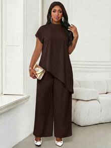 SHEIN Lady Plus Size Women Solid Color Asymmetrical Hem Top Dinner Formal Party Brown Summer Elegant - Brown - View 5