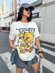LOONEY TUNES X SHEIN 大尺碼夏季休閒卡通印花T恤 - 白色 - 查看 9