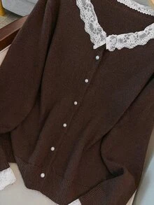 GlowEve CURVE Women's Autumn New Single Piece Round Neck Lace Trim Patchwork Pearl Button Sweet Date Fashion Versatile Knit Daily Commute Lady Loose Short Knit Cardigan Plus Size Top - Coffee Brown - View 7