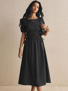Poéselle Vestido largo casual de mujer con lunares y plisado para fiesta y viaje - Negro - Ver 2