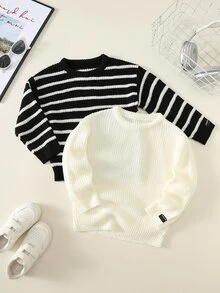 SHEIN 2件組返校季小男孩黑白條紋紋理寬鬆套頭毛衣，居家、疊穿、外出與學校穿搭的百搭多件套裝 - 黑與白 - 查看 1