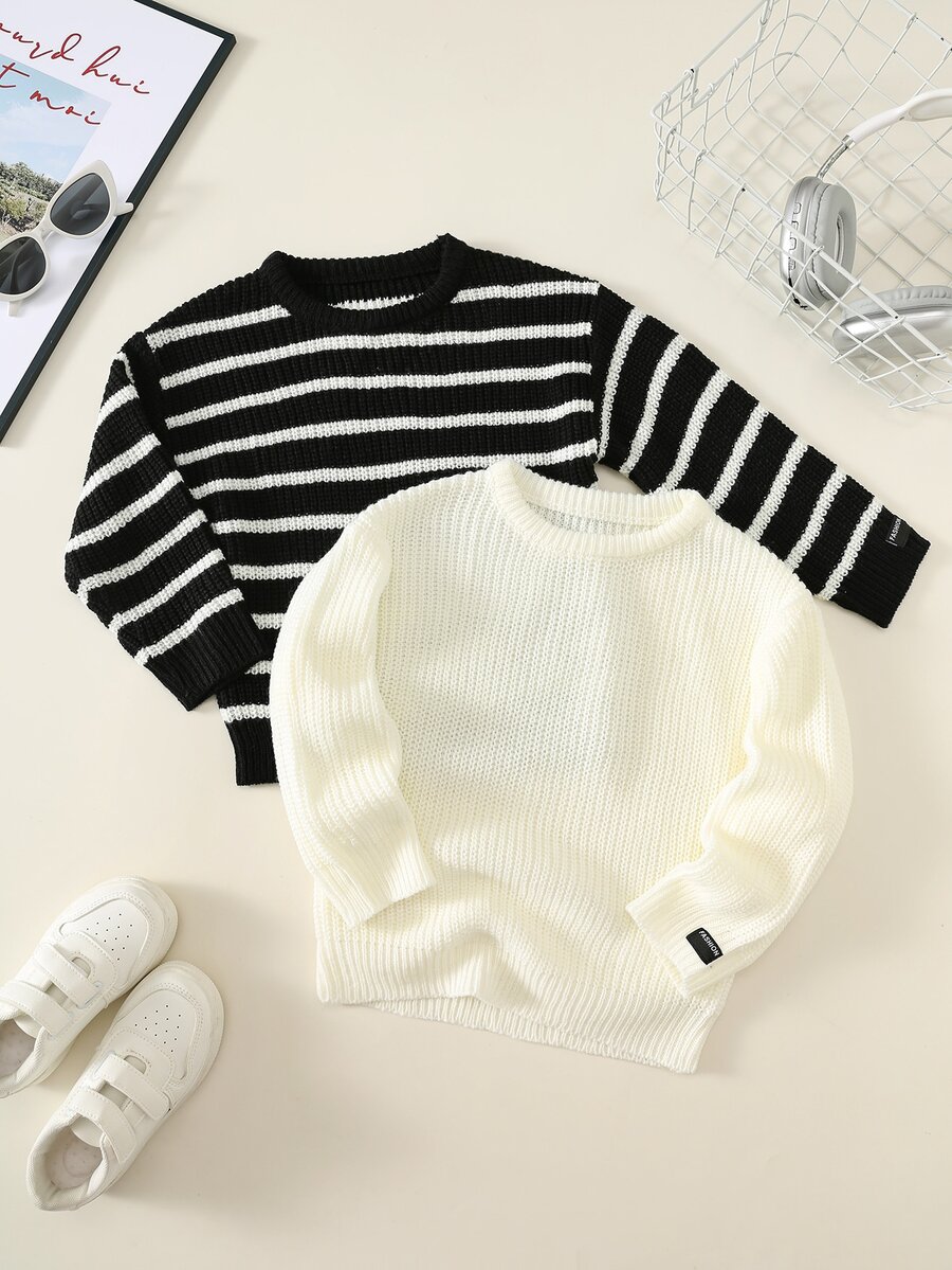 SHEIN 2件組返校季小男孩黑白條紋紋理寬鬆套頭毛衣,居家、疊穿、外出與學校穿搭的百搭多件套裝 - 黑與白 - 查看 1