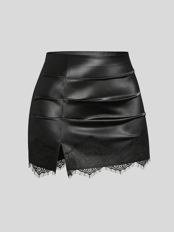 Sweetra Plus Size Autumn/Winter Elegant Sexy Satin Fitted Ruched Lace Patchwork Bodycon Mini Skirt