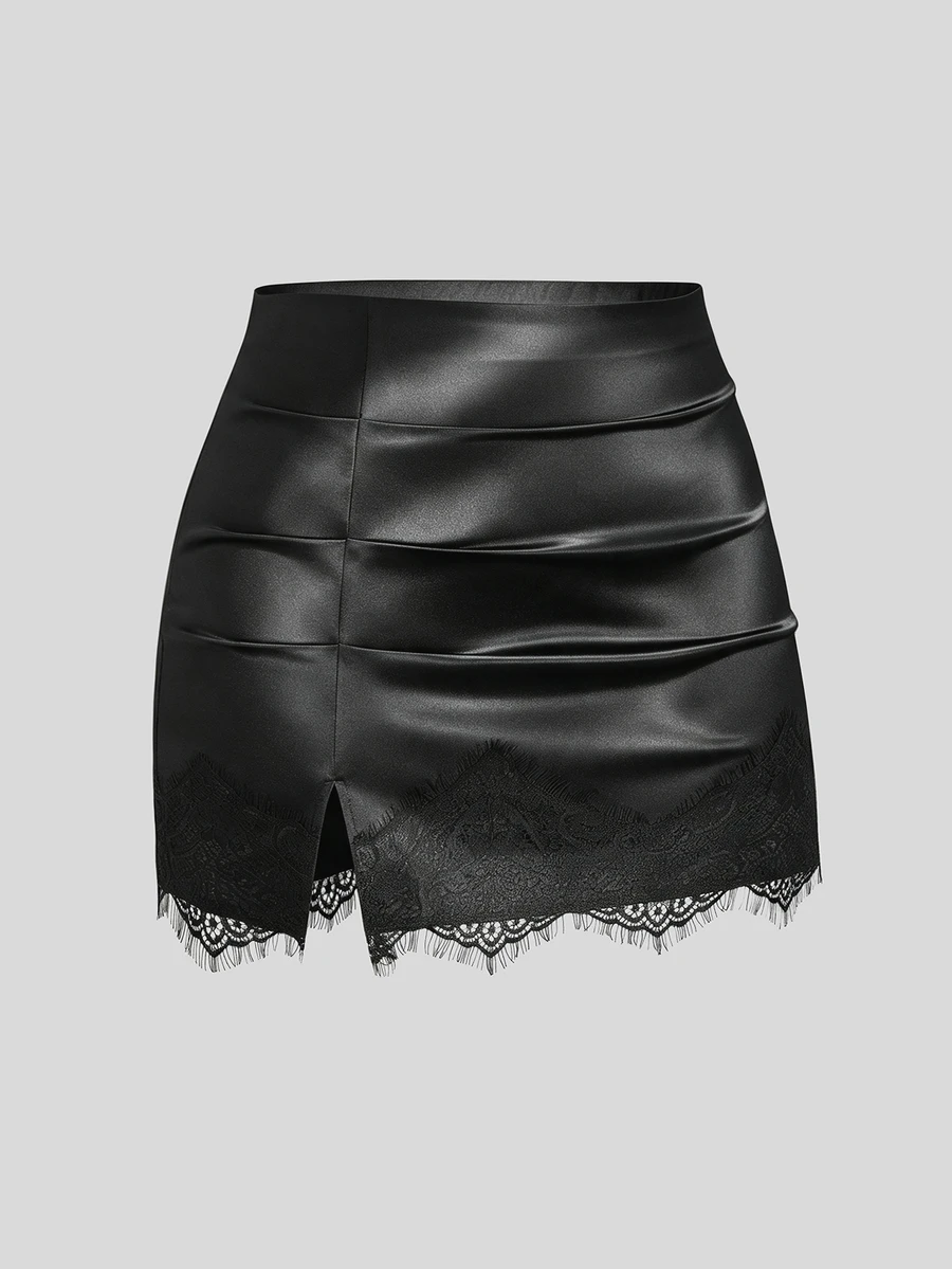 Sweetra Plus Size Autumn/Winter Elegant Sexy Satin Fitted Ruched Lace Patchwork Bodycon Mini Skirt - Black - View 1