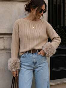 SHEIN Autumn/Winter Casual Khaki Fuzzy Cuff Sweater - Khaki - View 1
