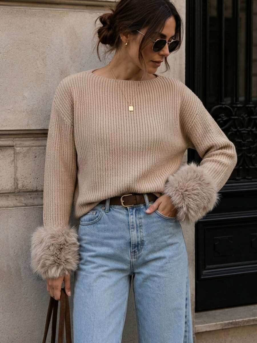SHEIN Autumn/Winter Casual Khaki Fuzzy Cuff Sweater - Khaki - View 1