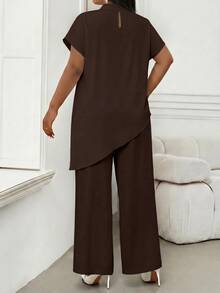 SHEIN Lady Plus Size Women Solid Color Asymmetrical Hem Top Dinner Formal Party Brown Summer Elegant - Brown - View 2