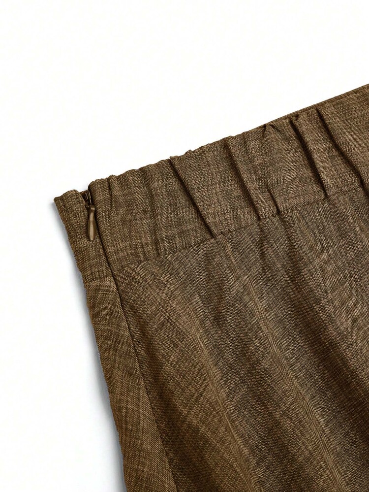 SHEIN Clasi Plus Size Women's A-Line Woven Grey Mid-Length Spring Linen Elegant Casual Skirt Fall - Khaki - View 4