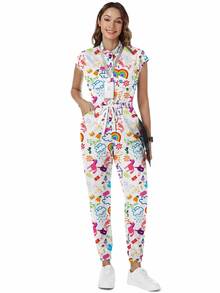 TaskEZ Silk Cartoon Graphic Cap Sleeve Drawstring Waist Scrub Jumpsuit - Multicolor - View 9