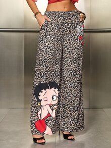 Betty Boop x SHEIN Women's Leopard Print Cartoon Wide Leg Long Pants - Brown - View 4