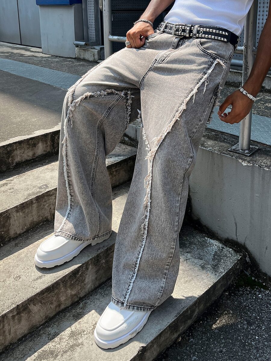 Manfinity EMRG 男士休閒街頭風拼接毛邊灰色水洗牛仔直筒寬腿長褲 - 灰色 - 查看 1