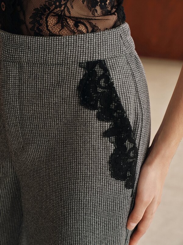 Anewsta Pantalones largos versátiles de pierna recta con ribete de encaje de unicolor para mujer