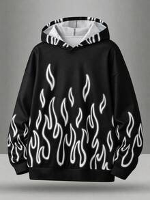 SHEIN 青少年男孩休閒街頭風連帽衫，螢光發光火焰圖案，適合秋季 - 黑色 - 查看 3
