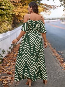 SHEIN VCAY Plus Size Vacation Cold Shoulder Short Sleeve Spaghetti Strap Dress - Dark Green - View 2