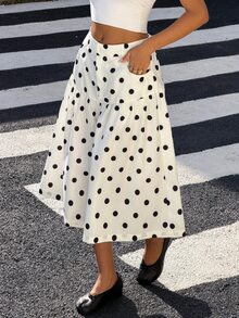 Muchica Women Summer Fall Casual Polka Dot Print Culottes, High Waist Tiered Ruffle A‑Line Swing Flowy 7/8 Length Wide Leg Skort With Functional Pockets - White - View 3
