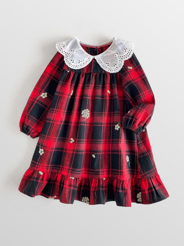 Maija Kids Maija Kids 1 Pc Young Girl Young Girl Autumn/Winter Embroidered Lapel Lace Collar Woven Plaid Patchwork Doll Dress Loose Long Sleeve Dress Vintage Academy Casual Brown Suitable For Indoor, Daily, Sports, Photography, Festivals, Christmas