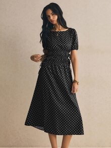 Poéselle Vestido largo casual de mujer con lunares y plisado para fiesta y viaje - Negro - Ver 5