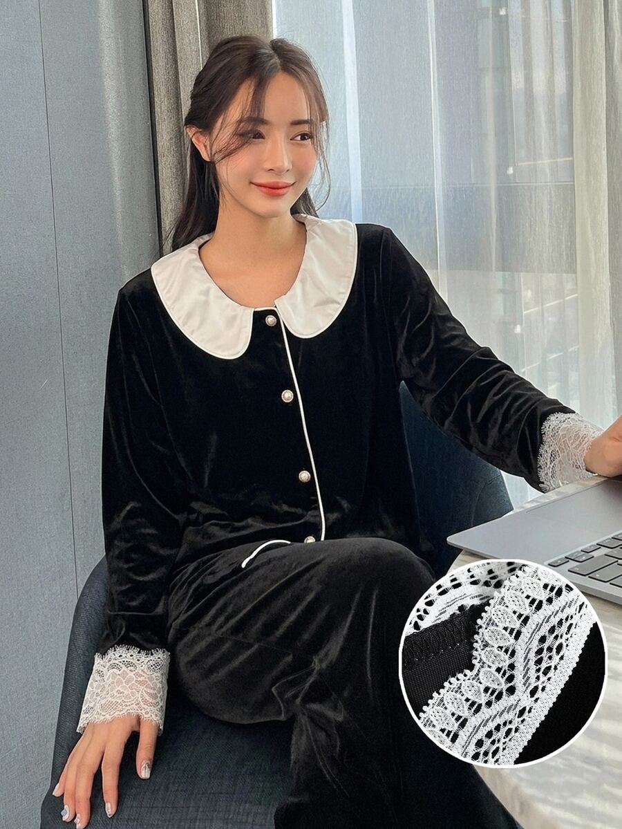 DAZY 2件組蕾絲拼接天鵝絨寬鬆開襟長袖上衣與直筒長款睡褲套裝，春季女款家居睡衣 - 黑色 - 查看 1