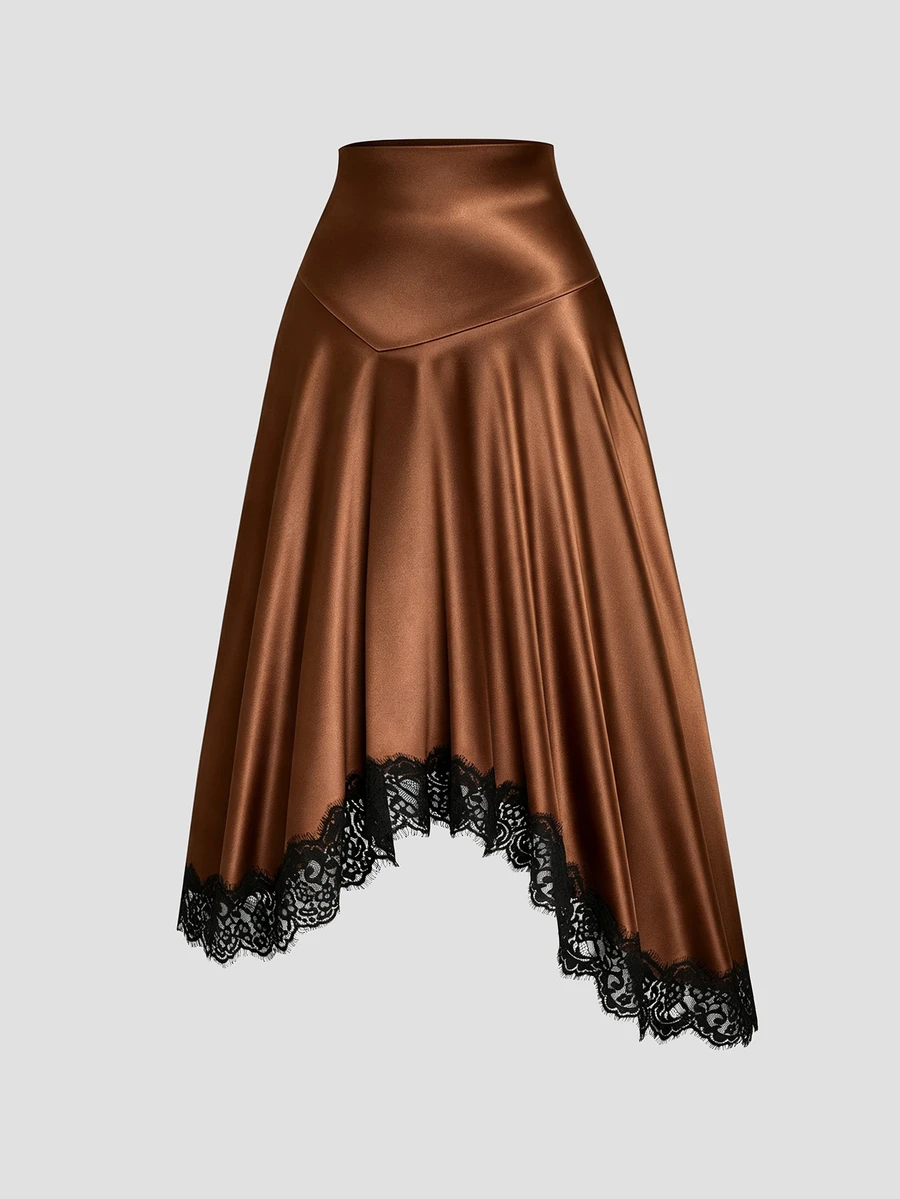 Sweetra Rok Pesta Elegan Ukuran Besar Musim Gugur/Dingin, Bahan Satin Elastis, Hem Asimetris, dan Patchwork Renda - Coklat - View 1
