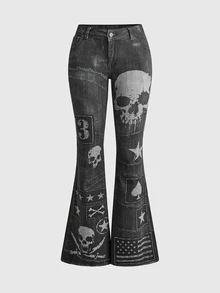 ROMWE Grunge Punk Celana Jeans Flare Wanita Kasual Serbaguna untuk Pemakaian Sehari-hari dengan Saku Kancing - Hitam - View 1