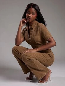 NYA SZN Women's Casual Washed Denim Jumpsuit - Brown - View 4