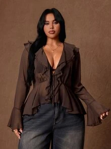 Rustia Plus Size 2027 New Solid Color Pleated Textured Fabric Double Layer Ruffle Collar Hem Ruffle Sexy Long Sleeve Pure Desire Style Valentine's Day Date Outfit Women's Blouse - Coffee Brown - View 3