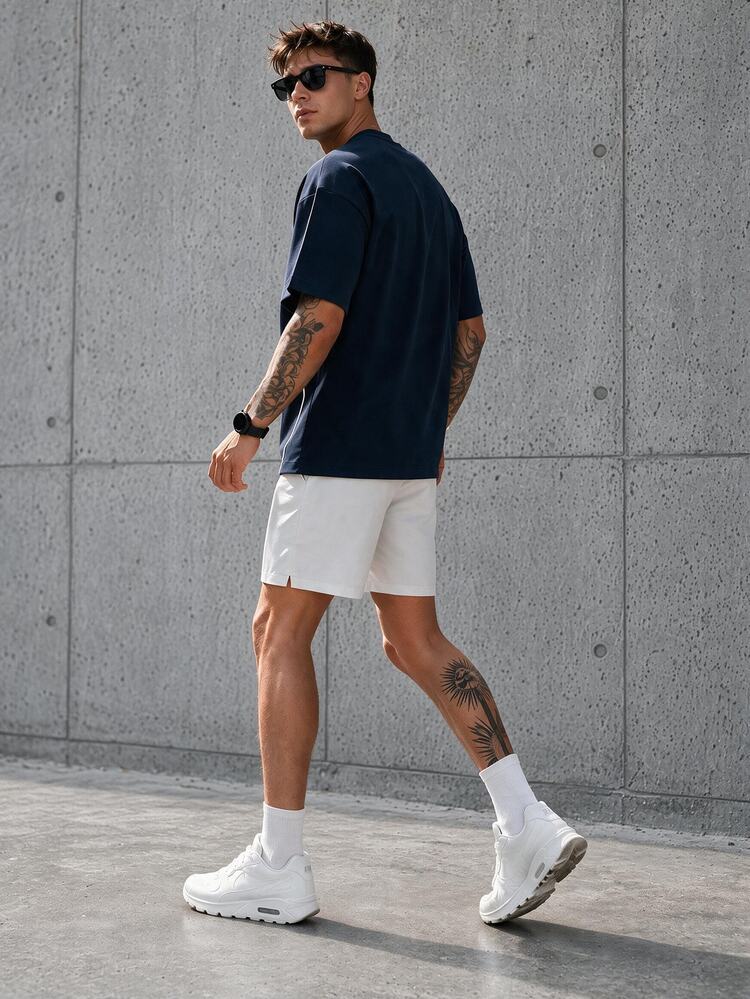 Sport MetroGents Men's Crew Neck Spider Print Short Sleeve T-Shirt, Black Base With White Line Contrast Design, Casual Versatile Sports Top - Navy Blue - View 2