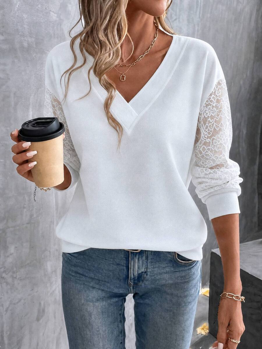 SHEIN LUNE Women's Solid Color Contrast Lace Long Sleeve Loose Fit T-Shirt - White - View 1