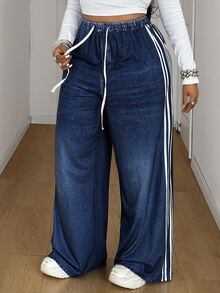 Maweii Plus Size Navy Blue Effect Print Contrast Stripe Drawstring Waist Sweatpants Airport Workout Summer Casual Western - Multicolor - View 2