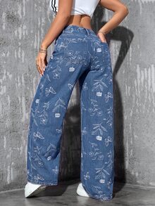 SHEIN PETITE 女款花卉圖案口袋寬腿寬鬆休閒牛仔褲 - 藍色 - 查看 2