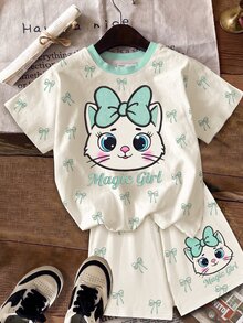 女童休閒簡約可愛刺繡紋理卡通小貓圖案，綠色蝴蝶結波點短袖短褲兩件套，適合夏季，圖案、卡哇伊、Y2K、舒適，女童套裝，小貓 - 彩色 - 查看 3