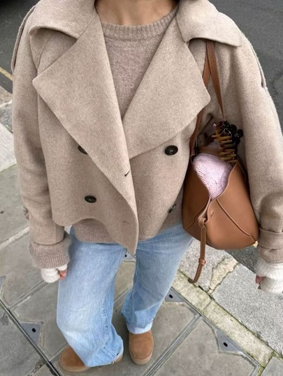 SHEIN PariChic 2026 New Autumn/Winter Premium Short Double-Faced Overcoat For Petite Women, Blazer Lapel Double-Breasted Shoulder Epaulettes Vintage Motorcycle Style Wool Jacket, Raglan Sleeves Rolled Cuffs Loose Fit Slimming Short Wool Top, Gentle Elegant Commuter Versatile Minimalist Solid Color Women's Apparel