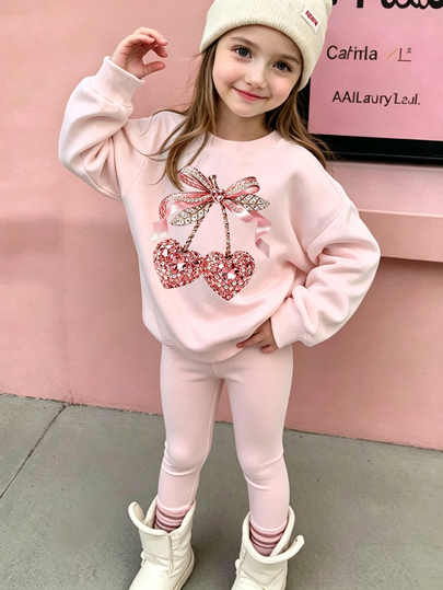 Girls' 2 Pieces Sweatshirt Set, Sweet Faux Rhinestone Heart Cherry Bow Design, Light Pink Crew Neck Loose Drop Shoulder Sweatshirt With Matching Slim Leggings, Delicate Print, Casual Comfortable Fit, Suitable For Daily Wear, School, Outings, Autumn/Winter Fashionable Outfit For Little Girls