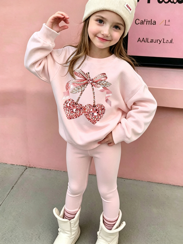 Girls' 2 Pieces Sweatshirt Set, Sweet Faux Rhinestone Heart Cherry Bow Design, Light Pink Crew Neck Loose Drop Shoulder Sweatshirt With Matching Slim Leggings, Delicate Print, Casual Comfortable Fit, Suitable For Daily Wear, School, Outings, Autumn/Winter Fashionable Outfit For Little Girls