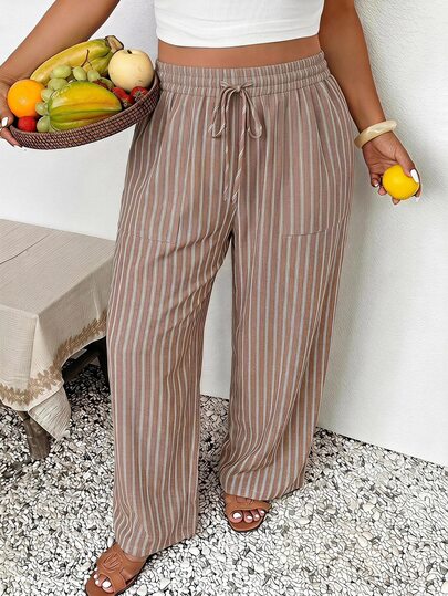 SHEIN Frenchy Plus Striped Print Knot Waist Straight Leg Pants Fall