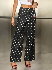 Betty Boop x SHEIN Celana Jeans Denim Wanita Model Lurus dan Longgar dengan Motif Polkadot - Hitam - View 5