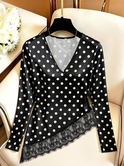SHEIN Women's Elegant Satin Polka Dot Contrast Lace Asymmetrical Hem Casual Long Sleeve T-Shirt, Black T-Shirt, Elegant T-Shirt, Casual T-Shirt, Elegant Long Sleeve Top, Casual Long Sleeve Top, Black Long Sleeve Top, V-Neck Top, Women's Winter Top, Women's Autumn Outfit, Outing Top, Commute Top, Autumn Black Top, Polka Dot