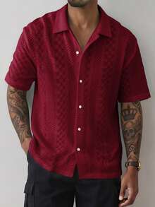 HUEFORM Kemeja Pria Lengan Pendek Warna Polos, Serbaguna dan Modis - Burgundy - View 3