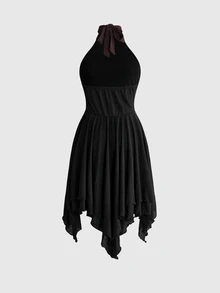 ROMWE Women's Halter Neck Knitted Patchwork Linen Goth Forbidden Arts Print Brown & Black Contrast Color Spring Summer Sexy Backless Asymmetrical Hem Dress - Black - View 2