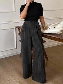 Dazy Plus Autumn Spring Loose Business Casual Striped Suit Pants Straight Wide Leg Trousers Commute Elegant Long Pants - Dark Grey - View 3