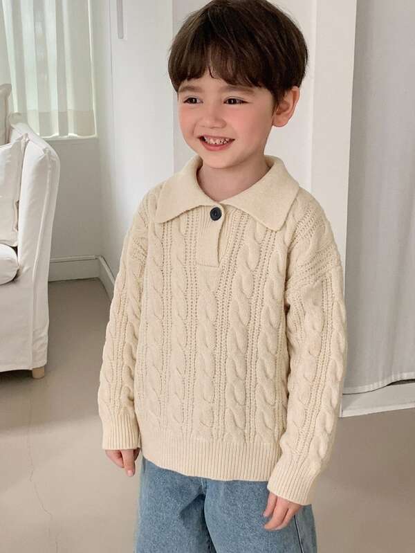 DAZY Boys (Small) Turn Collar Chunky Cable Knit Loose Casual Autumn/Winter Thick Sweater Top, Apricot Basic Style