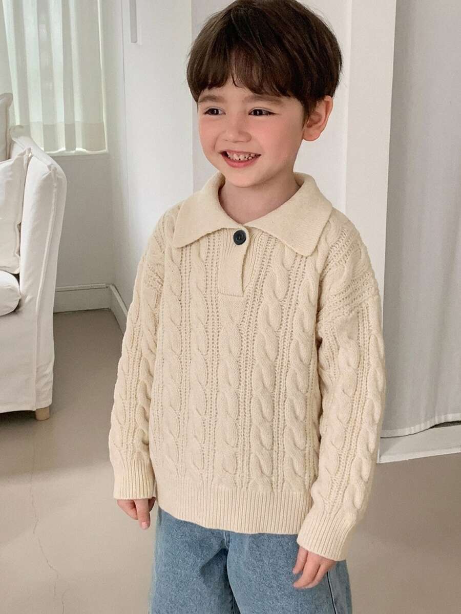 DAZY Atasan Sweater Rajut Tebal Longgar Kasual Musim Gugur/Dingin untuk Anak Laki-laki (Ukuran Kecil), Kerah Lipat, Gaya Dasar Aprikot - Aprikot - View 1