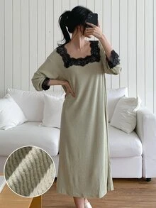 DAZY Women's Comfortable Versatile Lace Patchwork Long Sleeve Nightgown - Khaki - View 8
