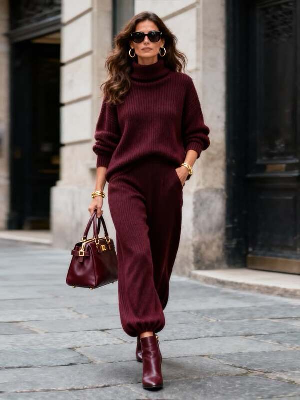 Balvessa Autumn/Winter New High Neck Sweater Slouchy Loose Fit Versatile Turn-Down Collar Knit Set Loose Lantern Pants 2 Pieces Set