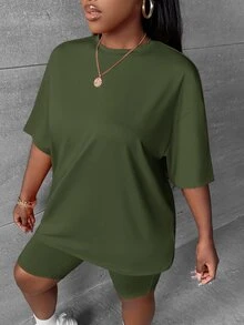 Slaydiva Women's Solid Color Crew Neck Drop Shoulder Sleeve T-Shirt And Shorts Casual Set - Army Green - View 4